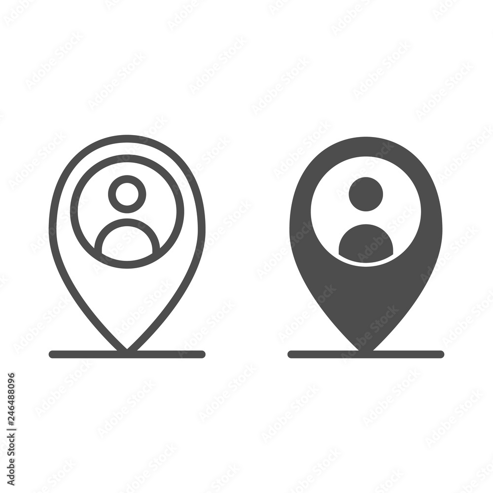 Poster location person line and glyph icon. map pin with man vector illustration isolated on white. map mar