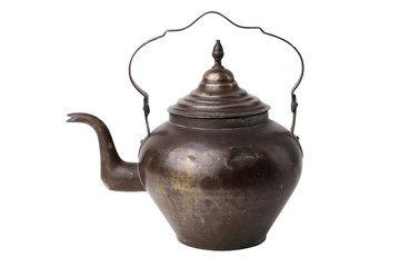 Vintage rustic tea kettle on white background.