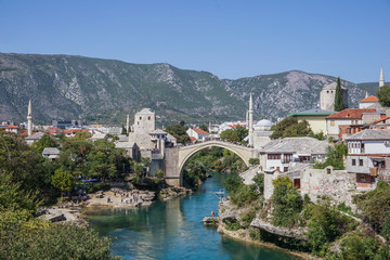 Fototapeta na wymiar City of Mostar, Neretva River and the famous bridge