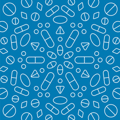 Pharmaceutical pills and capsules in a circle design pattern for a medicine. Health care icons illustration.