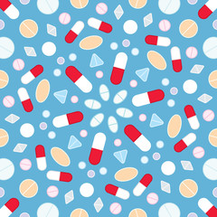 Pharmaceutical pills and capsules in a circle design pattern for a medicine. Health care icons illustration.