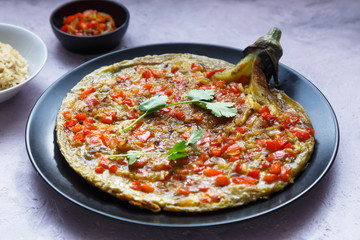 tortang talong with giniling, eggplant omelet with ground pork, filipino food.