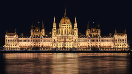 Budapest Parliament. Night view. High resolution panorama. 2019.