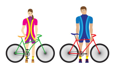 Woman and man stand with bicycles. Sport family.