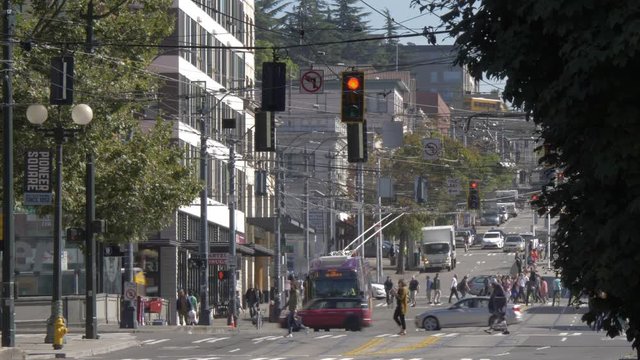 View of buildings and street scene on Kings Street, Pioneer Square District, Seattle, Washington State, United States of America, North America