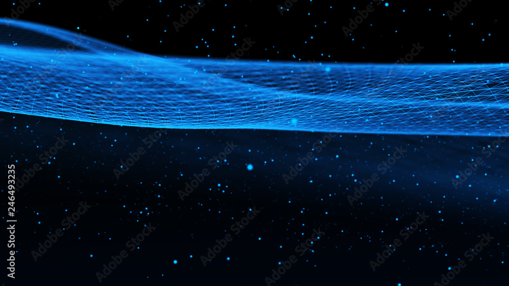 Poster abstract tangle of points on blue background. chaotic waves in outer space. large data background .3