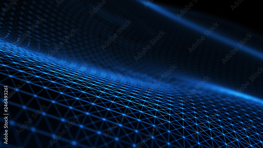 Poster abstract tangle of points on blue background. chaotic waves in outer space. large data background .3
