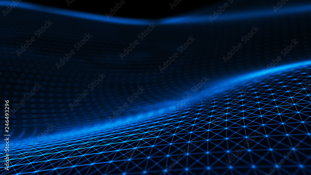 Poster abstract tangle of points on blue background. chaotic waves in outer space. large data background .3