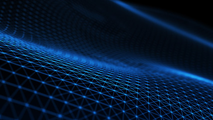 Abstract tangle of points on blue background. Chaotic waves in outer space. Large data background .3d rendering.