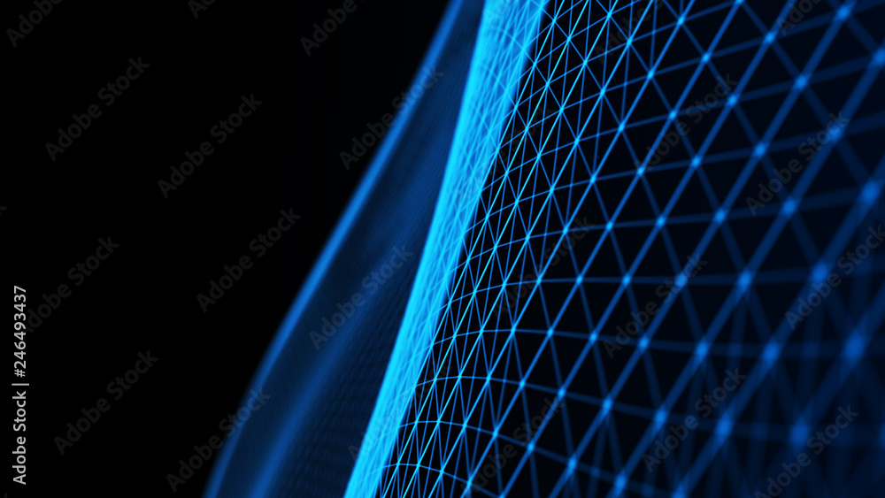 Wall mural abstract tangle of points on blue background. chaotic waves in outer space. large data background .3