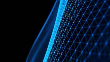 Abstract tangle of points on blue background. Chaotic waves in outer space. Large data background...