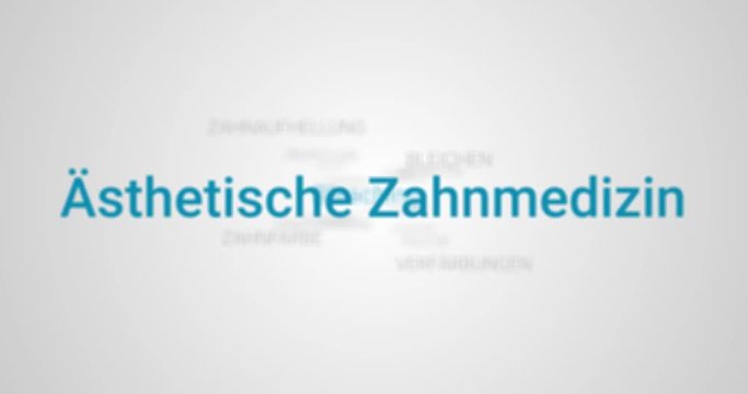Animation welche die Leistungen eines Zahnarztes im Bereich Zahn&auml;sthetik zeigt (z.B. Bleaching, Zahnaufhellung, Z&auml;hne bleichen). Grauer Hintergrund, blauer Text