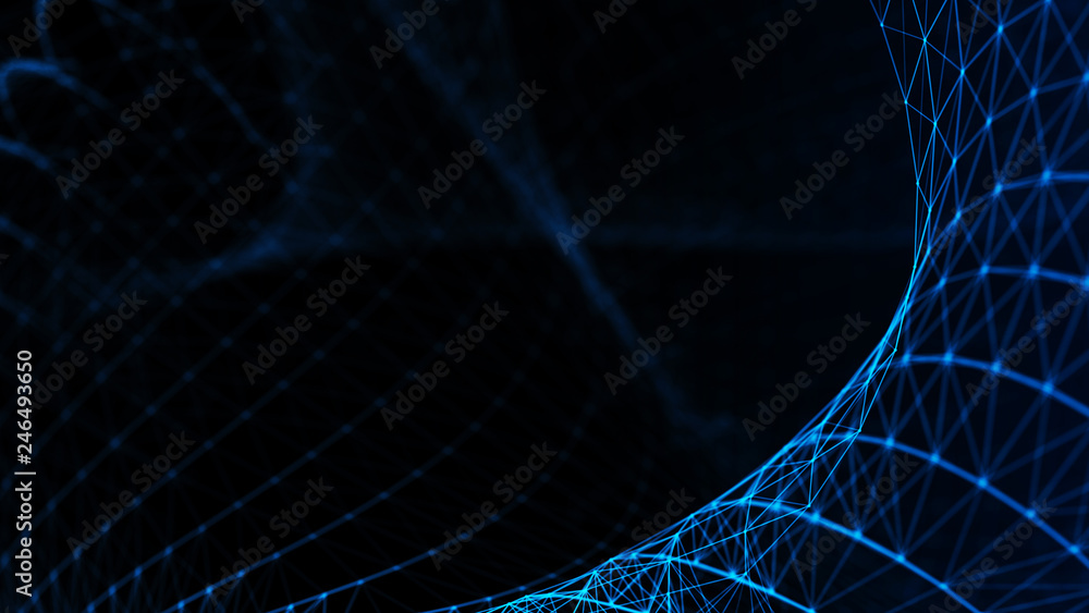 Poster abstract tangle of points on blue background. chaotic waves in outer space. large data background .3