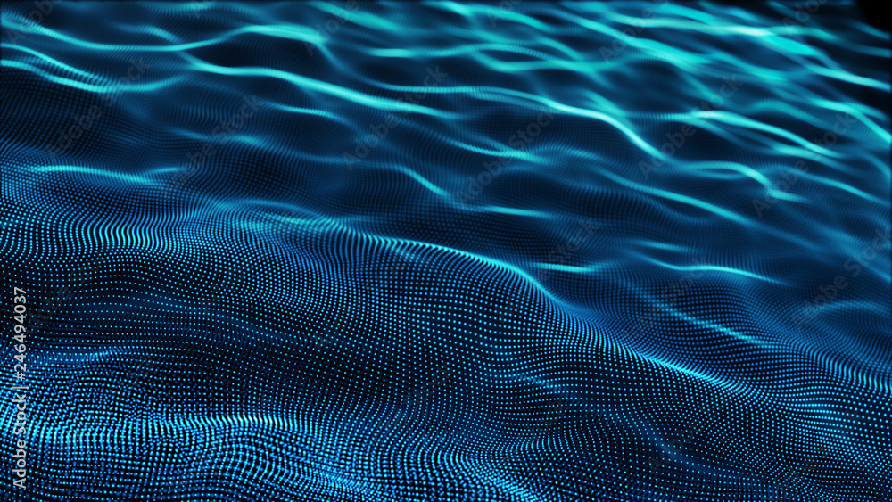 Poster abstract tangle of points on blue background. chaotic waves in outer space. large data background .3