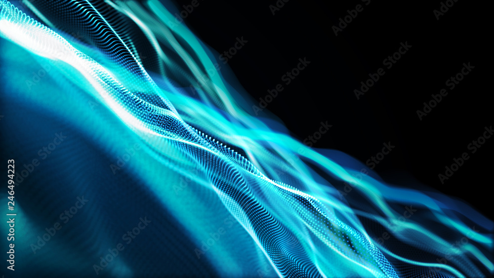 Poster abstract tangle of points on blue background. chaotic waves in outer space. large data background .3