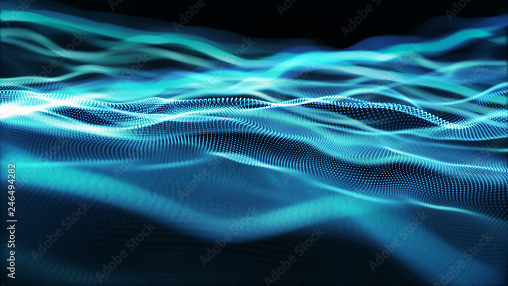 Poster abstract tangle of points on blue background. chaotic waves in outer space. large data background .3