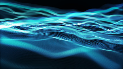 Abstract tangle of points on blue background. Chaotic waves in outer space. Large data background .3d rendering.