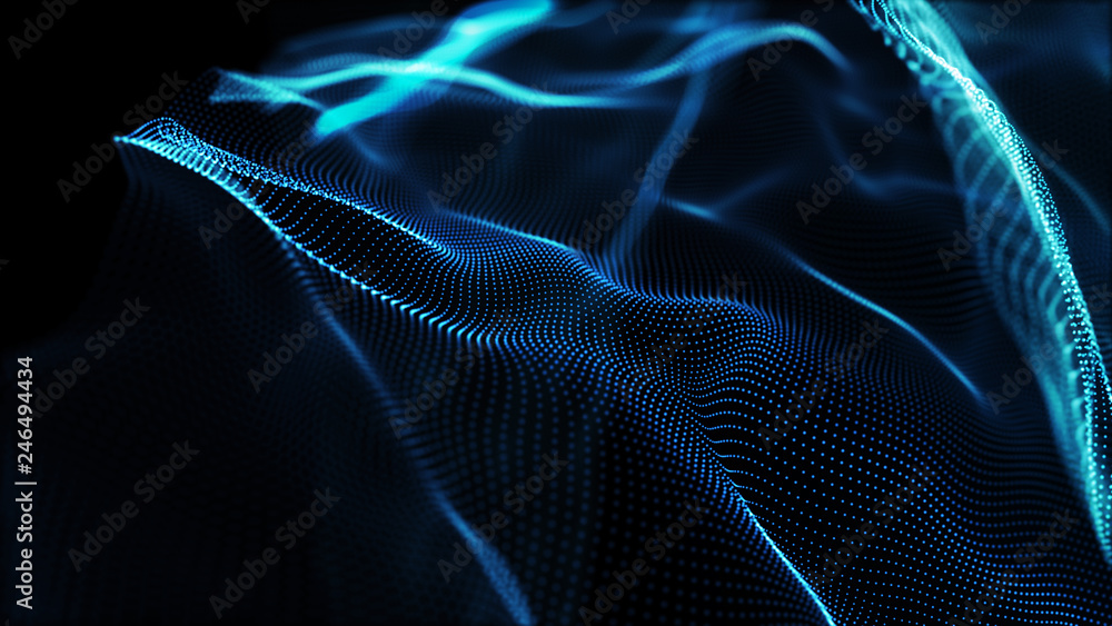 Poster abstract tangle of points on blue background. chaotic waves in outer space. large data background .3