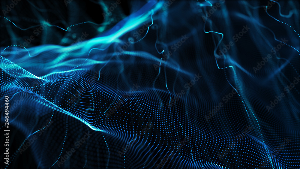 Poster abstract tangle of points on blue background. chaotic waves in outer space. large data background .3