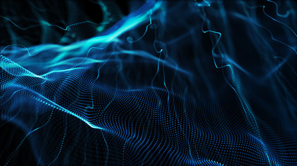 Abstract tangle of points on blue background. Chaotic waves in outer space. Large data background...