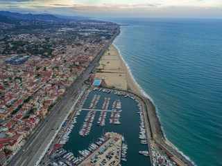 Aerial photo of sea port and a yacht club of Montgat at sunset, east of Barcelona, Spain 2