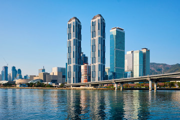 Fototapeta premium Busan skyscrapers and Gwangan Bridge, South Korea