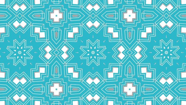 White symmetrical moving patterns on a turquoise background. Animated three-dimensional kaleidoscope background. 3d render