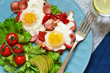 Good morning! Breakfast fried eggs with sausage and pepper. View from above.