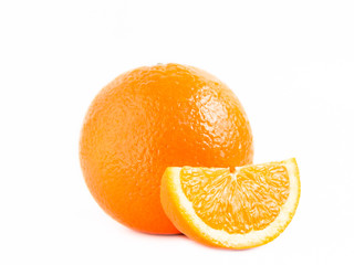 Fresh juicy orange and one lobule  isolated on white background. Close photo. Side view