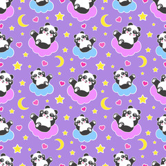 Good Night seamless pattern with cute panda bear, moon, hearts, stars and clouds. Sweet dreams background. Vector illustration.