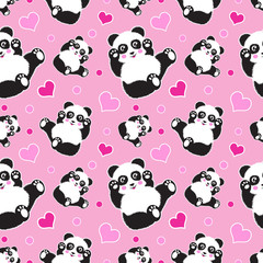 Seamless pattern with cute panda bear and hearts. Funny children's background, print, gift wrap.
