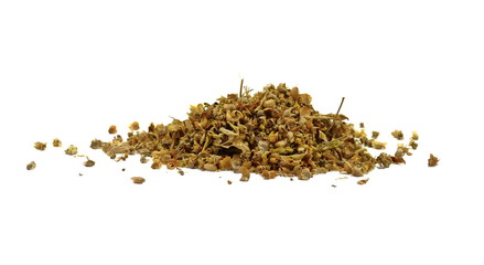 Dried natural basil spice (Ocimum basilicum). Pile of dried basil seasoning isolated. Dried basil leaves and buds, a common spice in Mediterranean and Asian cuisine.