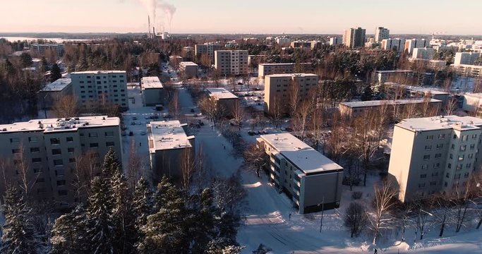 Espoo Finland, Flying over an area of concrete panel buildings on a winter day