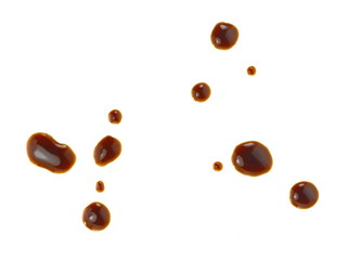 Puddle of soy sauce isolated. Spilled Soy Souse Teriyaki Texture. Oyster Sauce or Balsamic Vinegar Puddles on White Background Top View.