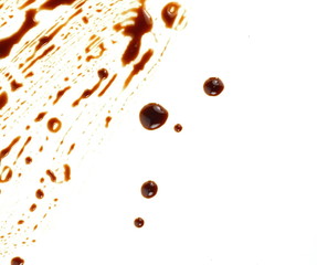 Puddle of soy sauce isolated. Spilled Soy Souse Teriyaki Texture. Oyster Sauce or Balsamic Vinegar Puddles on White Background Top View.