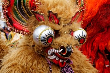Disguised figure during the parade, Festividad Virgen del Rosario, Tarabuco, Chuquisaca, Bolivia, South America