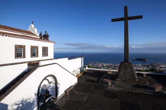 View from Ermida de Nossa Senhora da Paz to Vila Franca do Campo, island of Sao Miguel, Azores, Portugal, Europe