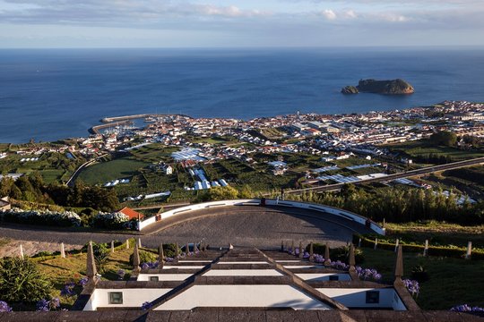 View from Ermida de Nossa Senhora da Paz to Vila Franca do Campo, island of Sao Miguel, Azores, Portugal, Europe