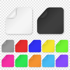 Vector Realistic 3d Square Adhesive Colored Blank Paper Sticker Icon Set Closeup Isolated on Transparent Background. Design Template of Paper Banners for Mockup, Price Tags, Labels