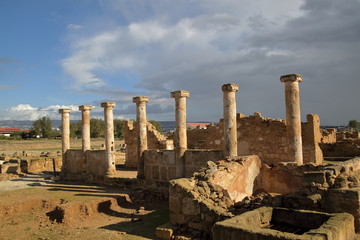 ancient temple with columns, pillars, archaeological site in Pafos, Cyprus