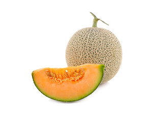 whole and cut piece ripe Japanese orange melon with stem on white background