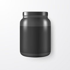 Vector Realistic 3d Black Plastic Jar, Can with Lid Closeup Isolated on White Background. Design Template of Whey Protein, Sport Powder, Vitamins, BCAA, Pills, Caps for Mockup. Top View