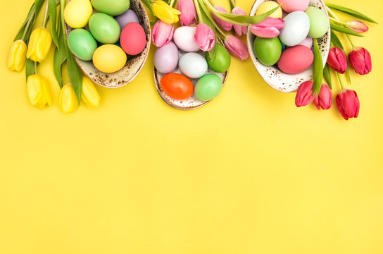 Easter Eggs Decoration Colorful Tulip Flowers Yellow Background