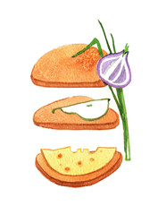 Toasts with cheese, pear, garlic and green ducomi greens. Watercolor drawing...
