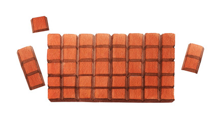 Bar of chocolate with broken off pieces. Watercolor drawing