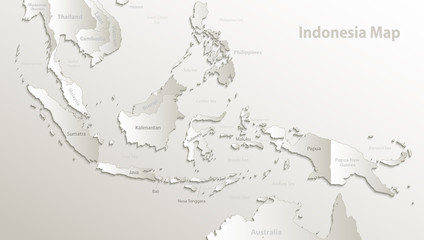 Indonesia map, state names, separate states, individual region, card paper 3D natural vector - obrazy, fototapety, plakaty