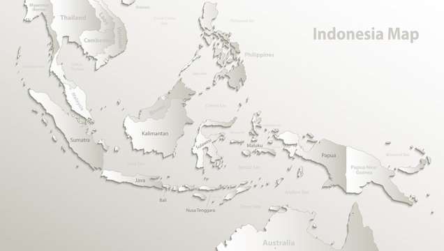 Indonesia map, state names, separate states, individual region, card paper 3D natural vector