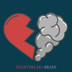 Heartbreak vector. Broken Heart and Brain flat modern icon logo vector design. Interaction between soul and intelligence, emotions, loneliness, divorce, broken relationship, rational thinking