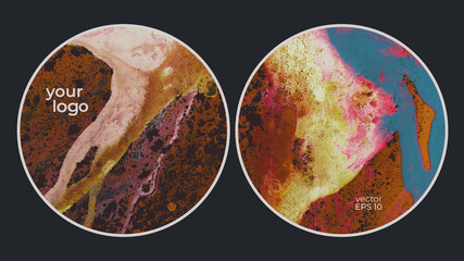 Round vector cards. Set of templates brochure, cover and sheets. Abstract painted background. Fluid colors backgrounds.