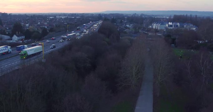 Aerial view of M20 during rush hour at sunset near j5 Aylesford, Kent